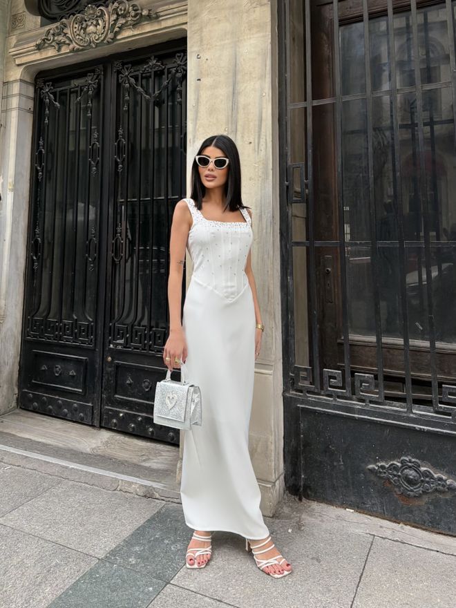 Miss Janell Elegant White Slip Dress With Square Neck Wholesale Clothing Spring