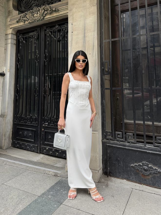 Miss Janell Elegant White Slip Dress With Square Neck Wholesale Clothing Sexy