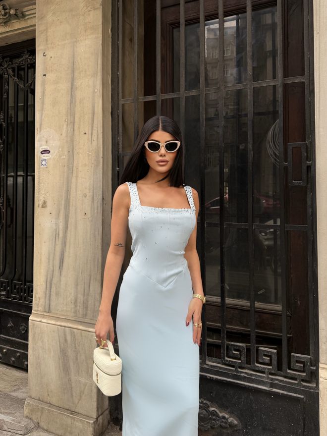 Miss Janell Elegant Blue Sleeveless Slip Dress Wholesale Clothing Formal