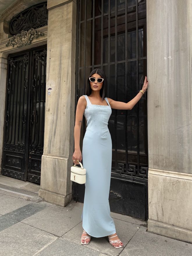 Miss Janell Elegant Blue Sleeveless Slip Dress Wholesale Clothing 1