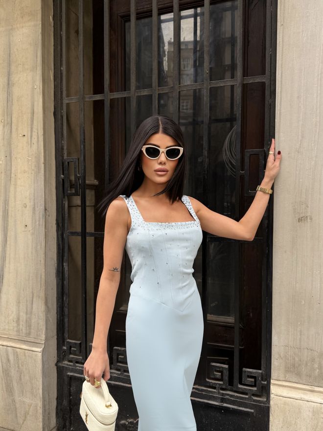 Miss Janell Elegant Blue Sleeveless Slip Dress Wholesale Clothing Wedding