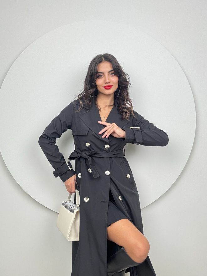 Miss Janell Μπαλτό Με Ζώνη Με Δαντέλα Μαύρο Χονδρικό εμπόριο ενδυμάτων Επίσημο