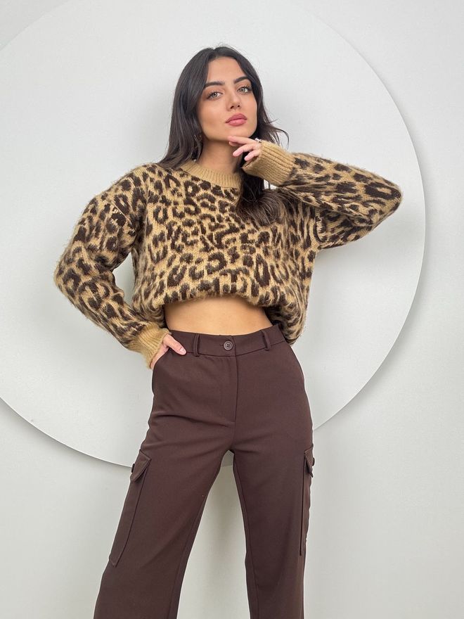 Miss Janell Brown Animal Print Casual Sweater Wholesale Clothing Casual