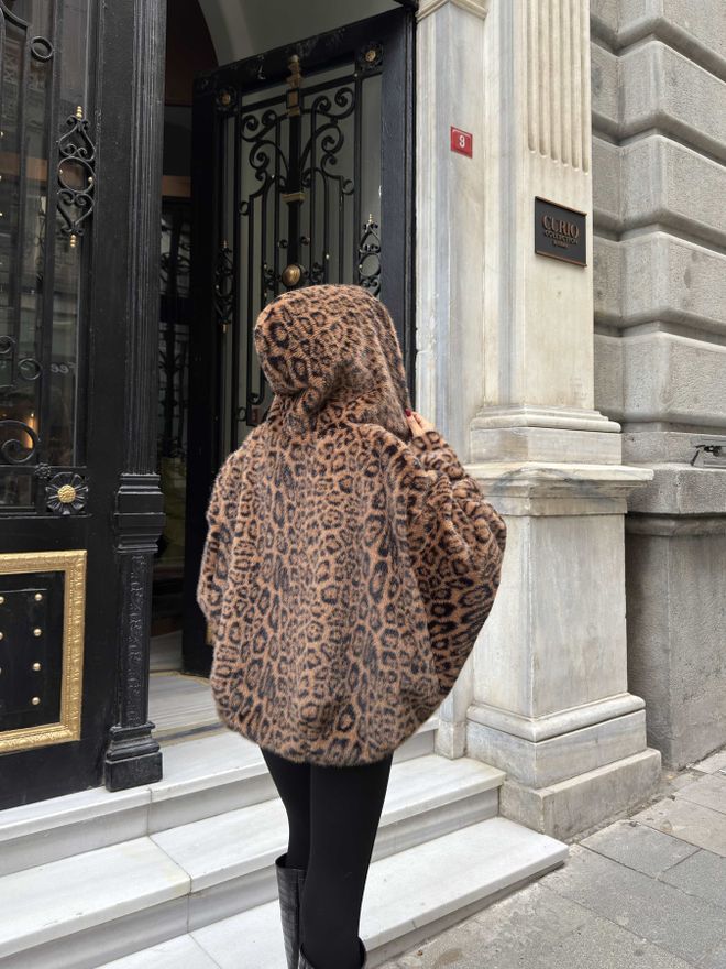Miss Janell Brown Oversized Leopard Print Fur Hooded Coat Wholesale Clothing Cocktail