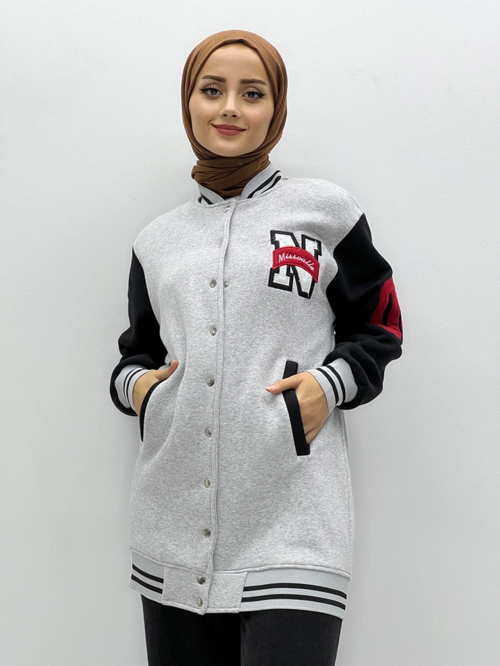 A wholesale clothing model wears 35778 - Jacket Tunic - Grey, Turkish wholesale Tunic of Miyalon
