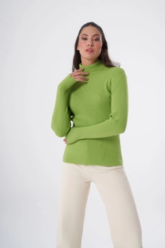Bir model, Mizalle toptan giyim markasının 34077 - Sweater - Green toptan Kazak ürününü sergiliyor.
