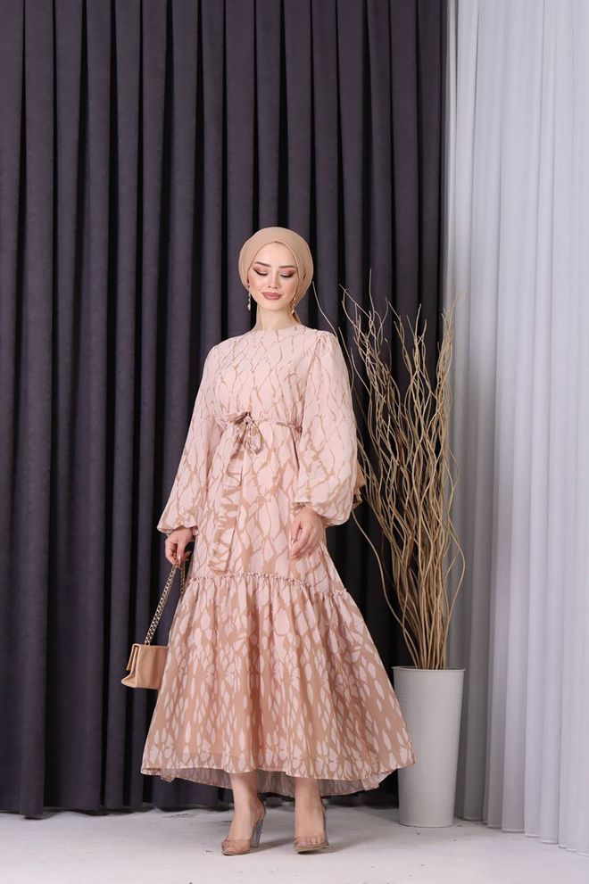 Mode Roy Chiffon Skirt Frilly Patterned Hijab Dress Beige Wholesale Clothing Polyester