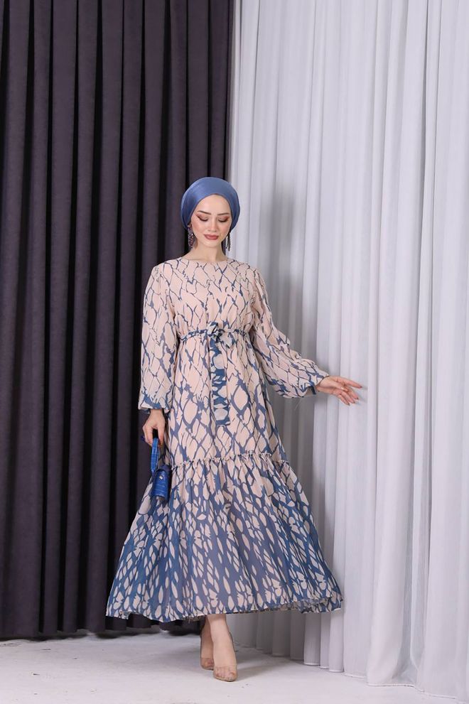 Mode Roy Šifono Sijonas Raukšlėta Hidžabo Suknelė – Mėlyna Didmeninė prekyba drabužiais Pankiškas