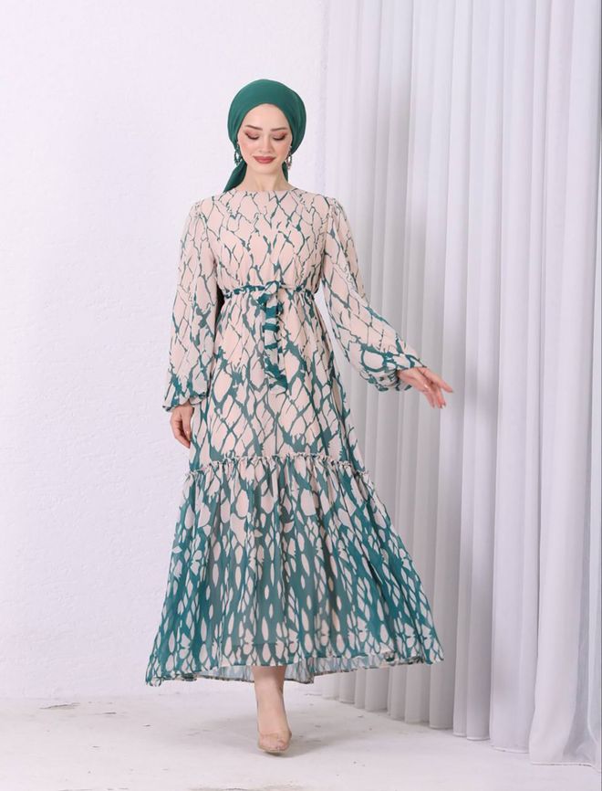 Mode Roy Chiffon Skirt Frilly Patterned Hijab Dress Green Wholesale Clothing Polyester