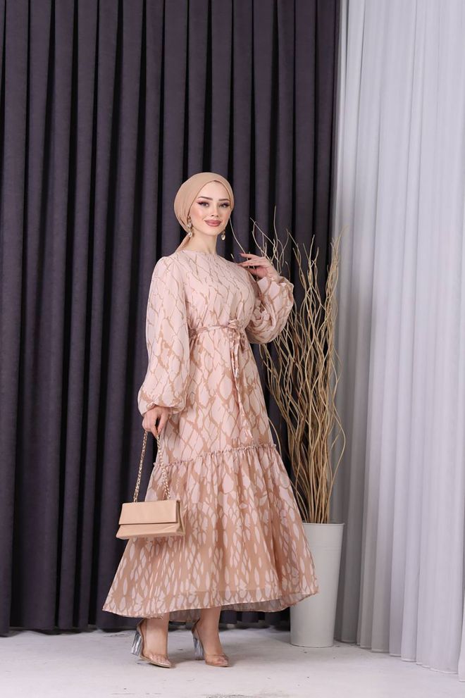 Mode Roy Chiffon Skirt Frilly Patterned Hijab Dress Beige Wholesale Clothing Birthday