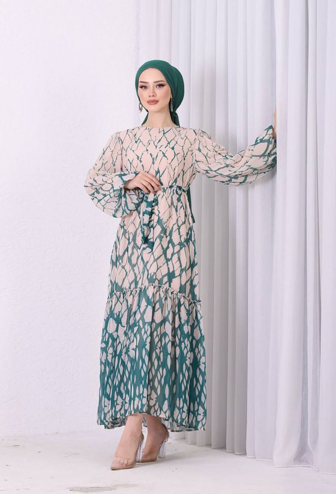 Mode Roy Chiffon Skirt Frilly Patterned Hijab Dress Green Wholesale Clothing Birthday