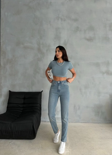 A wholesale clothing model wears  High Waist Lycra Jeans - Gray
, Turkish wholesale Pants of Mode Roy