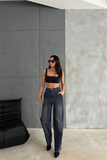 A wholesale clothing model wears  Lycra High Waist Baggy Jean - Anthracite
, Turkish wholesale Pants of Mode Roy