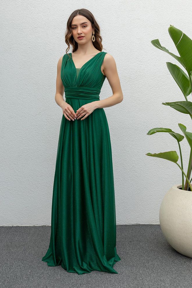 Mode Roy Abito Da Sera In Tulle Drappeggiato Color Smeraldo Verde Abbigliamento all'ingrosso Elegante