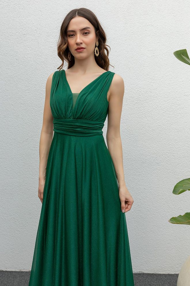 Mode Roy Emerald Draped Tulle Evening Dress Green Wholesale Clothing Polyester