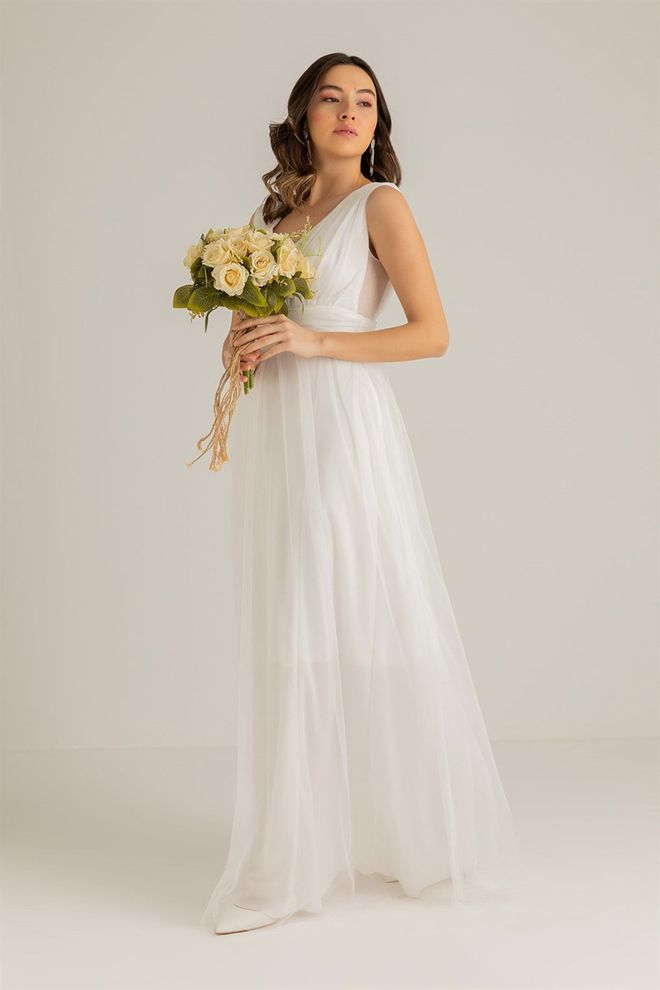 Mode Roy Draped Tulle Evening Dress White Wholesale Clothing Prom