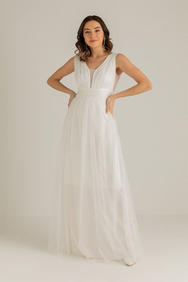 Mode Roy Abito Da Sera In Tulle Drappeggiato Bianco Abbigliamento all'ingrosso Elegante