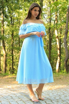A wholesale clothing model wears 35763 - Baby Shower Dress - Baby Blue, Turkish wholesale Dress of Mode Roy
