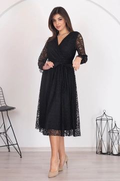 A wholesale clothing model wears 40202 - Belted Double Breasted Collar Lined Lace Dress, Turkish wholesale Dress of Mode Roy