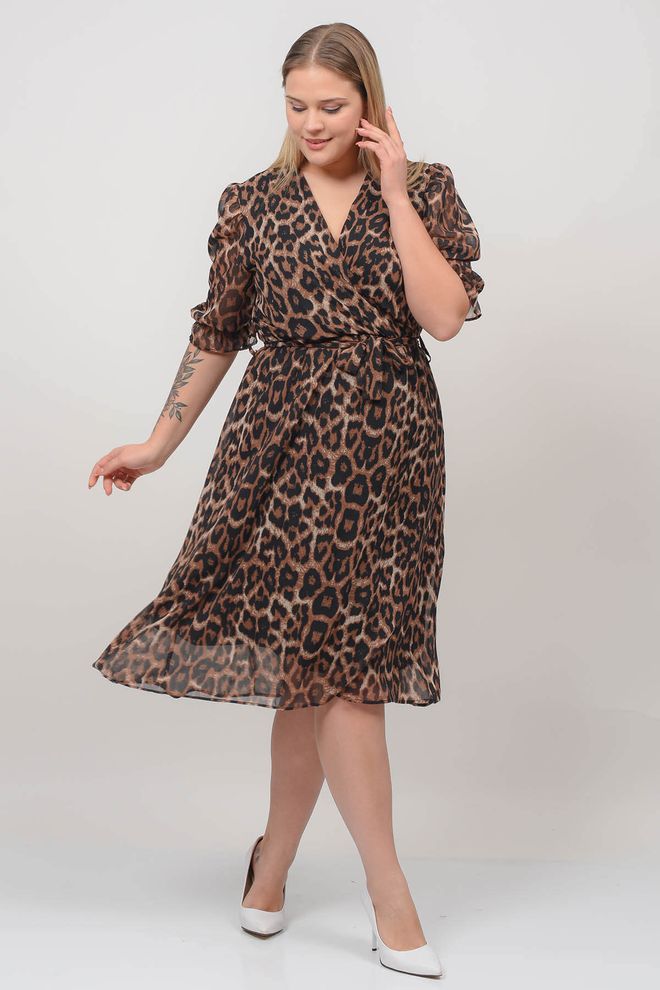 Mode Roy Double Breasted Neck Midi Plus Size Leopard Patterned Chiffon Dress Black Wholesale Clothing Casual