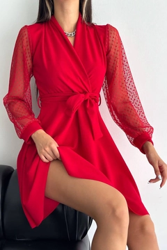 A wholesale clothing model wears mro10561-tie-detailed-tulle-detailed-flared-dress-red, Turkish wholesale Dress of Mode Roy