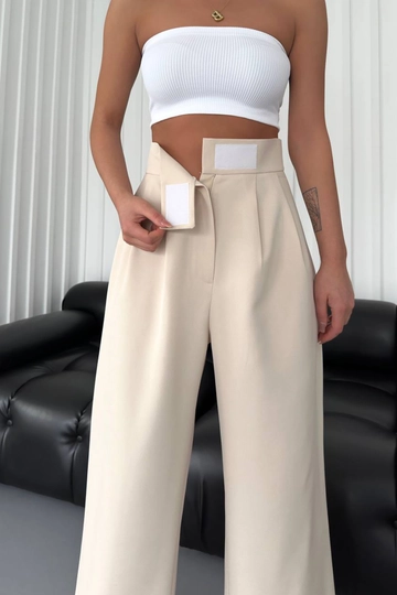 Bir model, Mode Roy toptan giyim markasının  Atlas Kumaş Cırtlı Palazzo Pantolon - Bej
 toptan Pantolon ürününü sergiliyor.