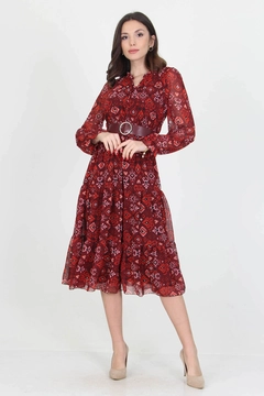 A wholesale clothing model wears 48091 - Patterned Chiffon Dress With Belt Tie Neck Detail, Turkish wholesale Dress of Mode Roy