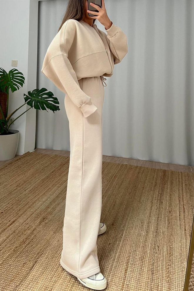 Mode Roy Raised Three Thread Tracksuit Gts018 Beige Wholesale Clothing 1