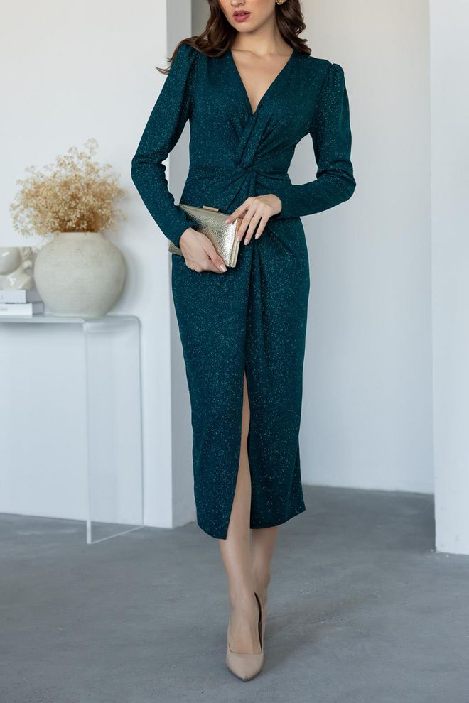 Mode Roy Shirred Detailed Glitter Večerné Šaty Zelené Veľkoobchod s oblečením Elegantný