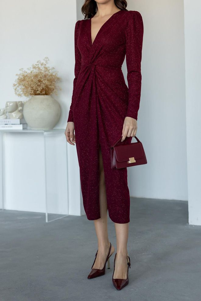 Mode Roy Rochie De Seară Cu Sclipici Cu Adunare Roșu Claret Îmbrăcăminte cu ridicata Elegant