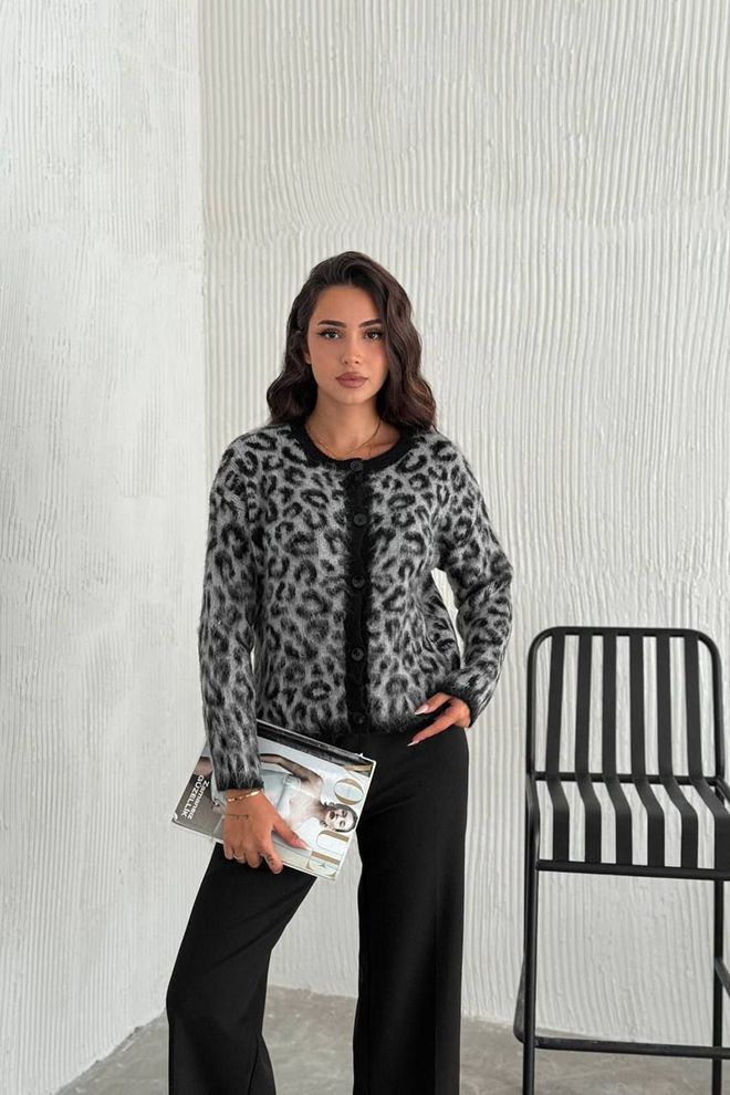 Mode Roy Leopard Patterned Buttoned Cardigan Gray Wholesale Clothing Birthday