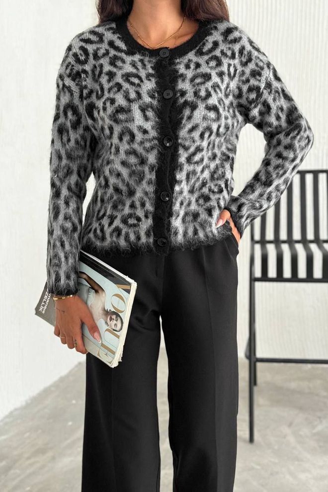 Mode Roy Leopard Patterned Buttoned Cardigan Gray Wholesale Clothing Acrylic
