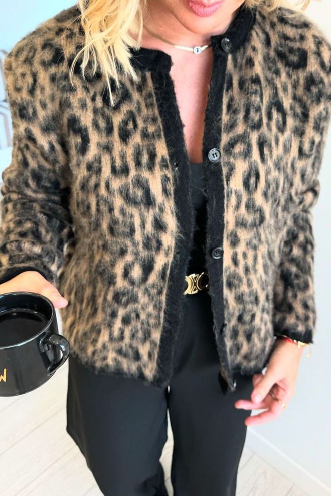 Mode Roy Leopard Patterned Buttoned Cardigan Camel Wholesale Clothing Birthday
