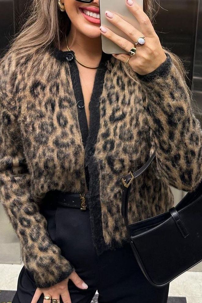 Mode Roy Leopard Patterned Buttoned Cardigan Camel Wholesale Clothing Acrylic