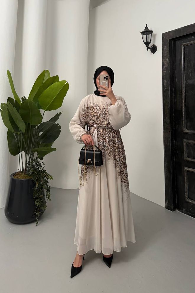 Mode Roy فستان بوركيني من الشيفون بنقشة جلد الفهد بيج ملابس بالجملة رائع