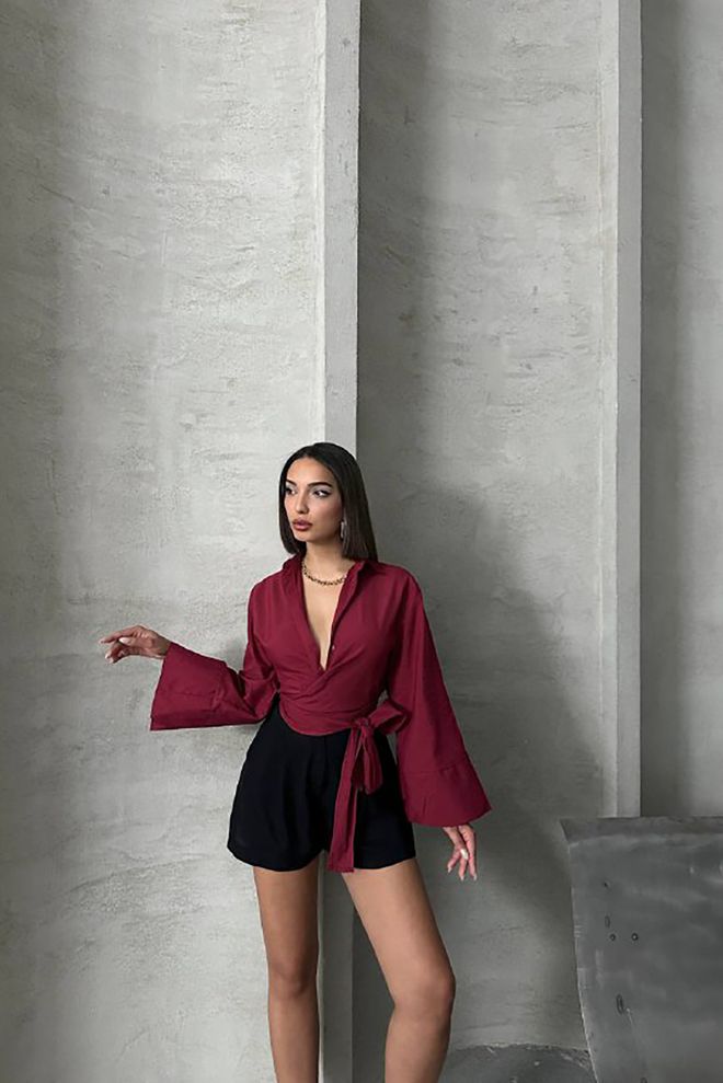 Mode Roy Chemise À Motif À Nouer Avec Détails Bordeaux Vêtements en gros Décontracté