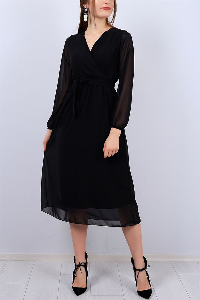 Mode Roy Belted Double Breasted Midi Chiffon Dress Black Wholesale Clothing Elegant