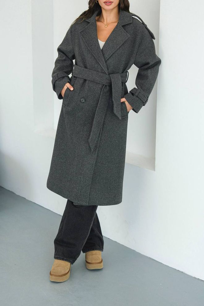 Mode Roy Grey Elegant Single Breasted Wrapover Coat Wholesale Clothing Modest