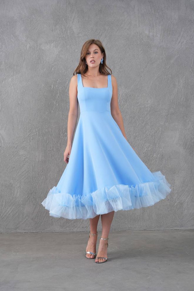 Mode Roy Vestito Blu Fit And Flare Senza Maniche Lunghezza Midi Abbigliamento all'ingrosso Annata