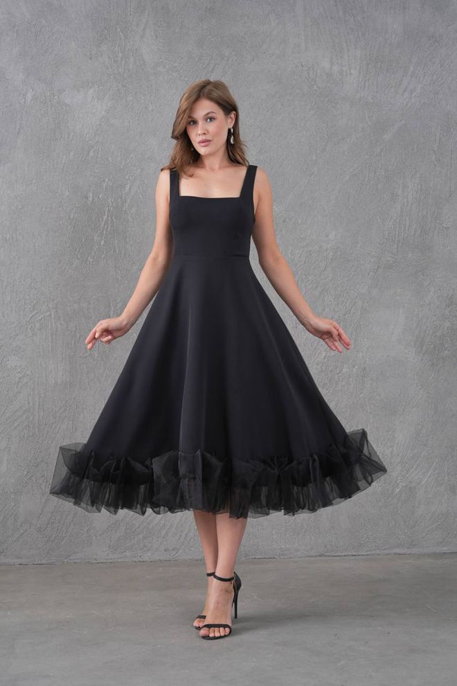 Mode Roy Vestito Nero Elegante Fit And Flare Midi Con Scollo Quadrato Abbigliamento all'ingrosso Annata