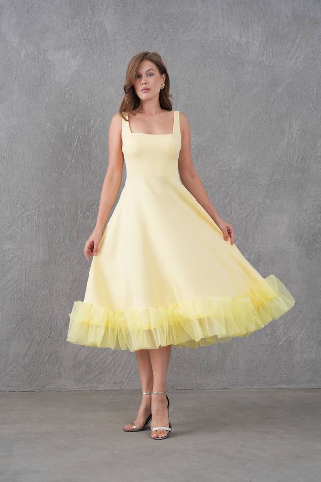 Mode Roy Vestito Giallo Elegante Fit And Flare Abbigliamento all'ingrosso Annata