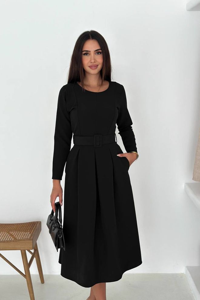 Mode Roy Czarna Dopasowana I Rozkloszowana Midi Sukienka Z Długim Rękawem Hurtowa sprzedaż odzieży Skromny