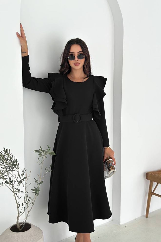 Mode Roy Robe Midi Noire Élégante En Ligne A Avec Manches À Volants Vêtements en gros Modeste