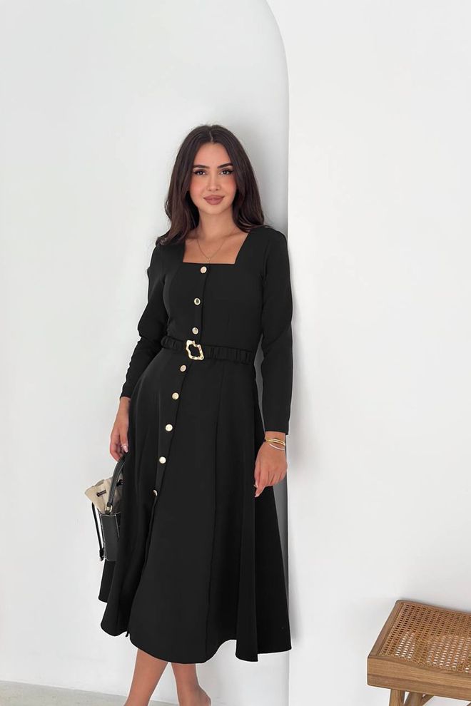 Mode Roy فستان أسود أنيق وقصّة متسعة برقبة مربعة ملابس بالجملة محتشم