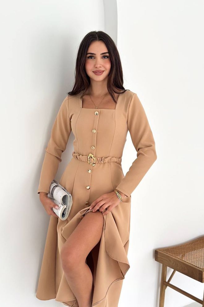 Mode Roy فستان بيج أنيق بفتحة رقبة مربعة وتصميم ضيق متسع ملابس بالجملة محتشم