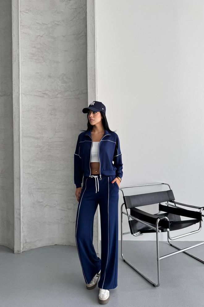 Mode Roy Marineblauw Trainingspak Met Hals Met Capuchon En Wijde Palazzo Broek Groothandel Kleding Casual