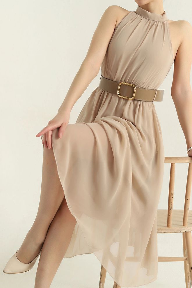 Mode Roy Vestito Beige Elegante Fit And Flare Midi Abbigliamento all'ingrosso Annata