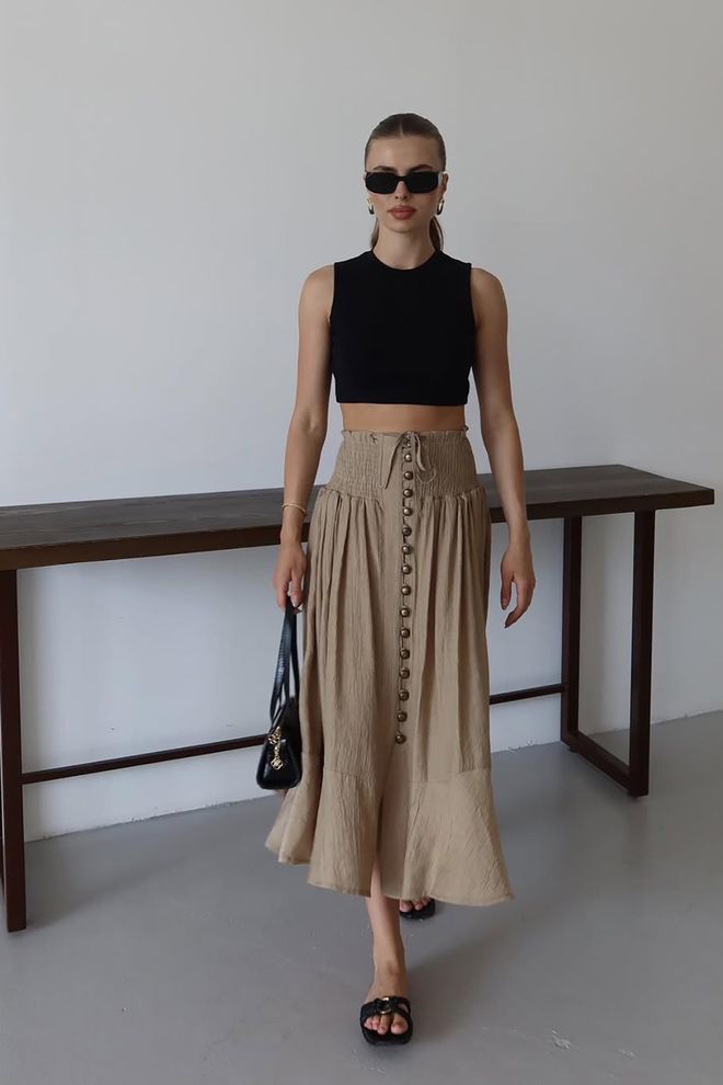 Mode Roy Gonna Beige Svasata Vita Alta Lunghezza Midi Abbigliamento all'ingrosso Casuale