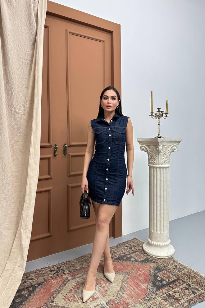 Mode Roy Vestito Blu Bodycon Mini Senza Maniche Con Collo Alto Abbigliamento all'ingrosso Casuale