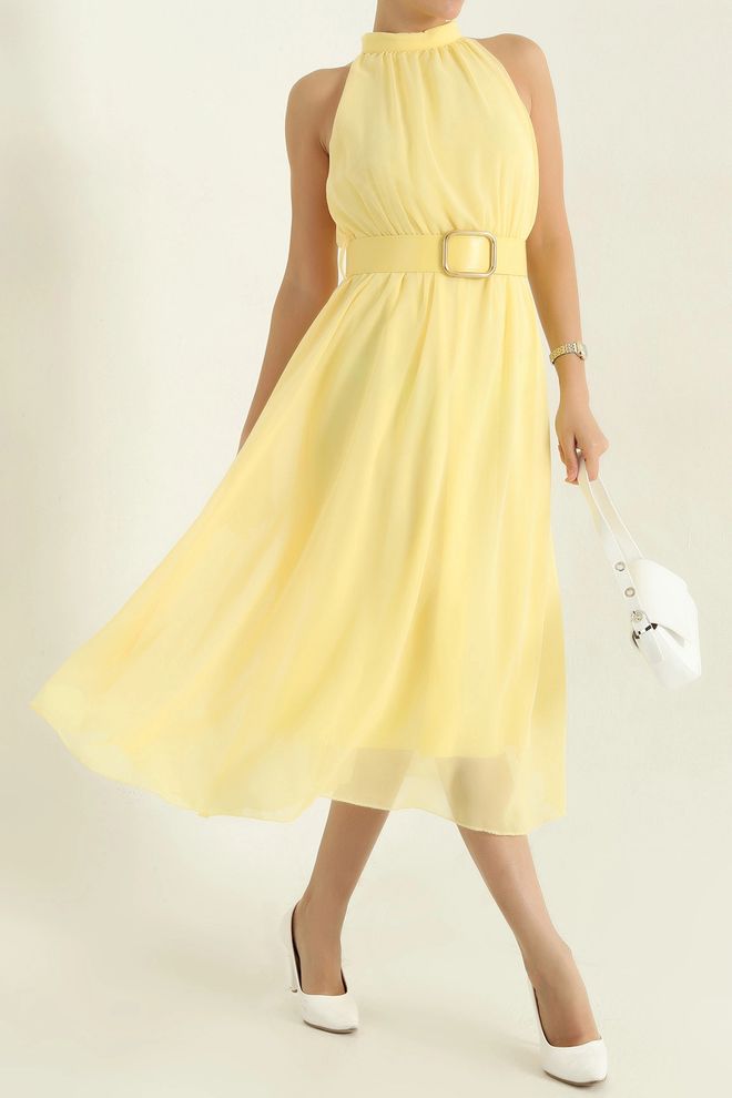 Mode Roy Vestito Midi Giallo Elegante Fit And Flare Abbigliamento all'ingrosso Casuale